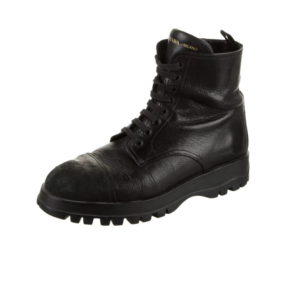 Authentic Prada Black Leather Combat-Style Lace-Up Boots - Picture 2 of 6
